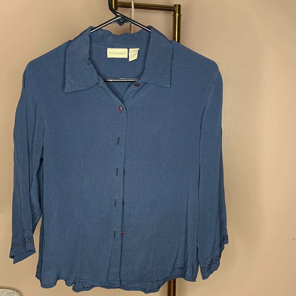Putumayo 90s vintage Rayon Gauzy Blouse womens s blue pattern